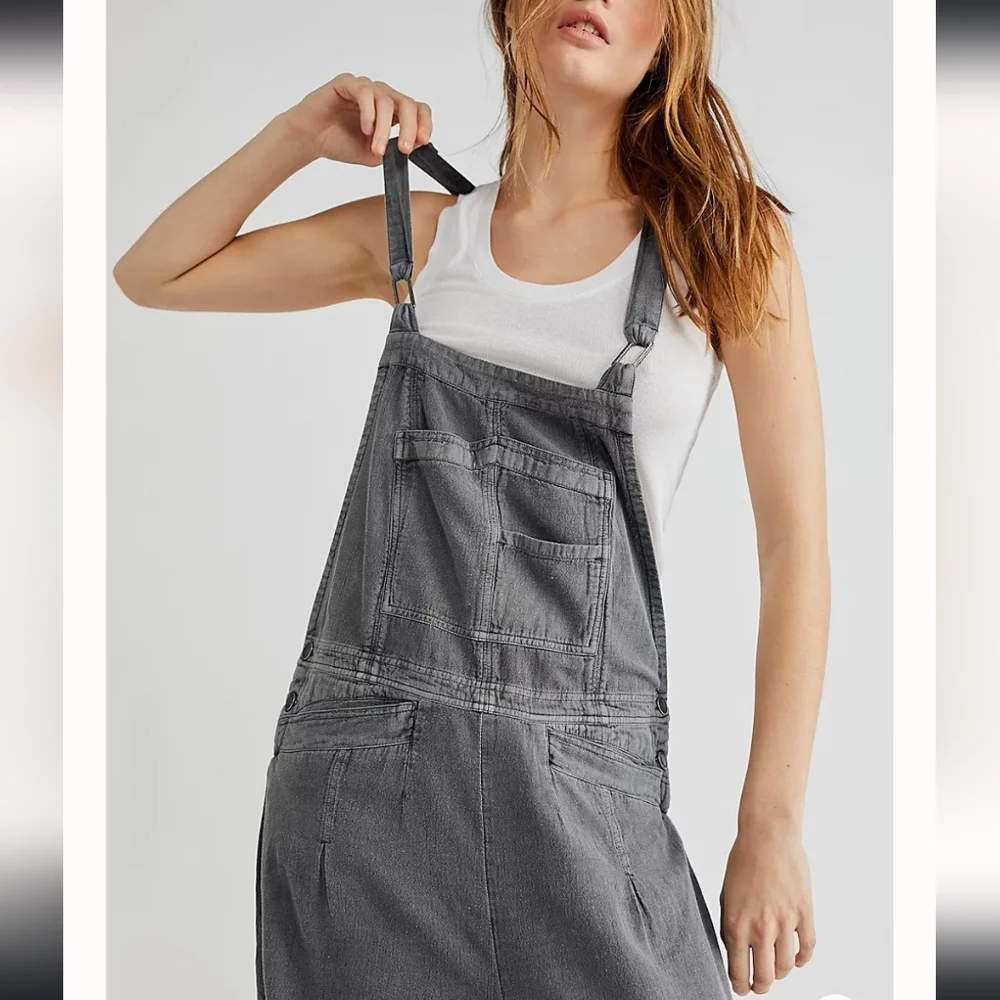 Free People Washed Gray Wide-Leg Denim Overalls. - Picture 4 of 10